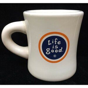 Life Is Good Ceramic Coffee Mug DIner Style White 12 Oz Blue/Orange Logo Quote